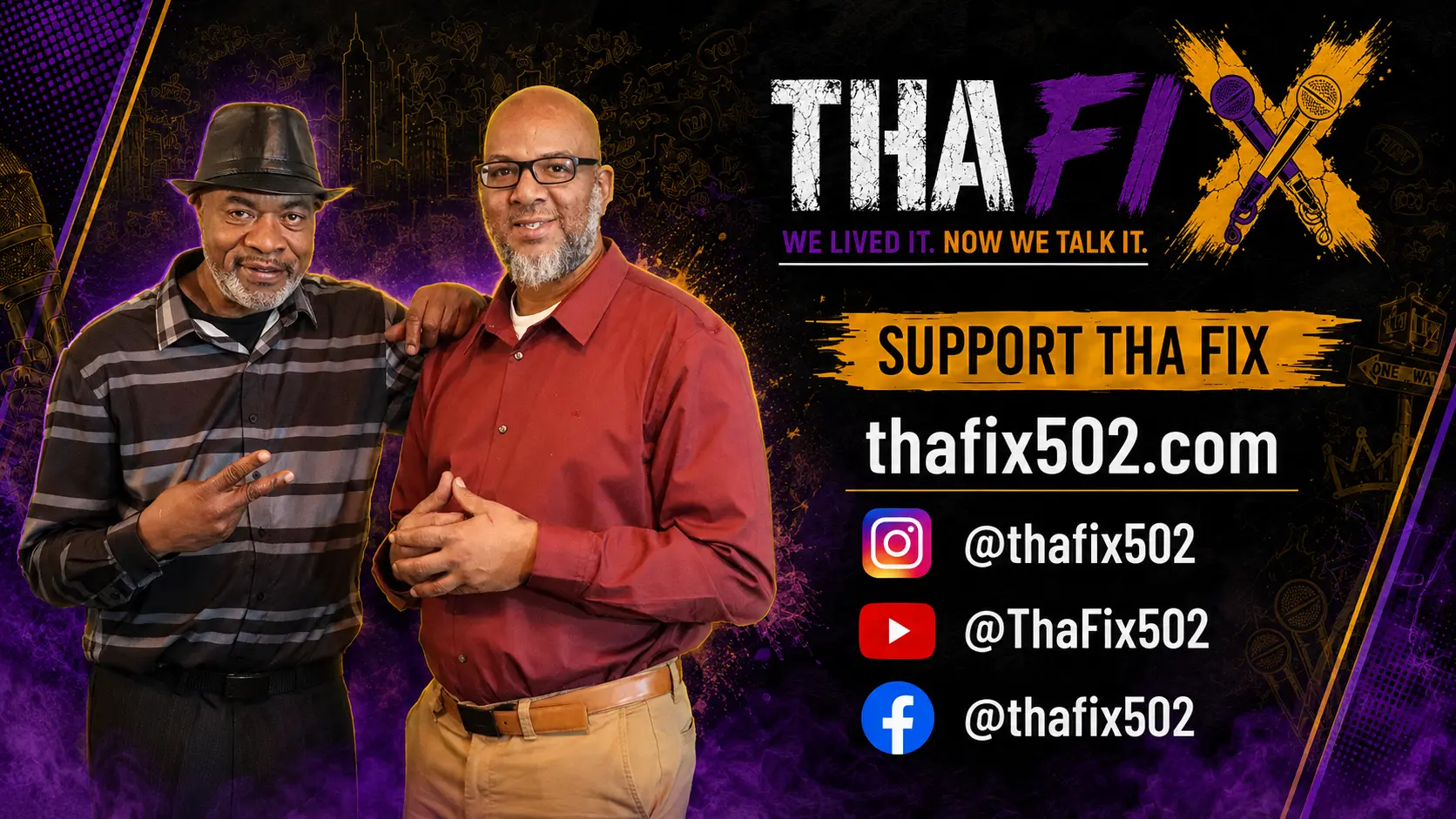 Tha Fix hosts Jon Mic and Marcus Davis with the Tha Fix logo, website, and official social-media handles